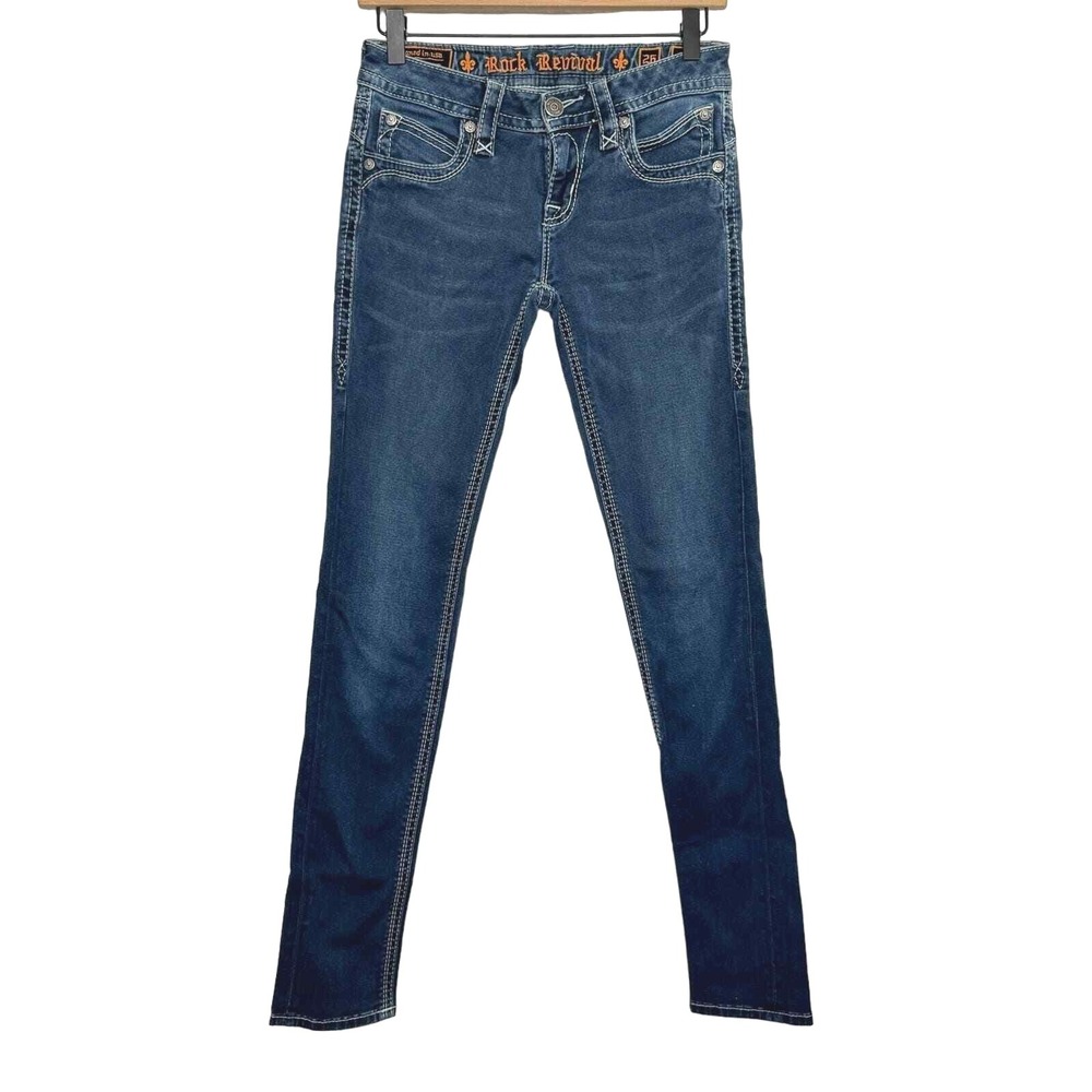 Rock Revival Ele Skinny Jeans‎ Women 26 Dark Wash Contrast Stitch Fleur De Lis